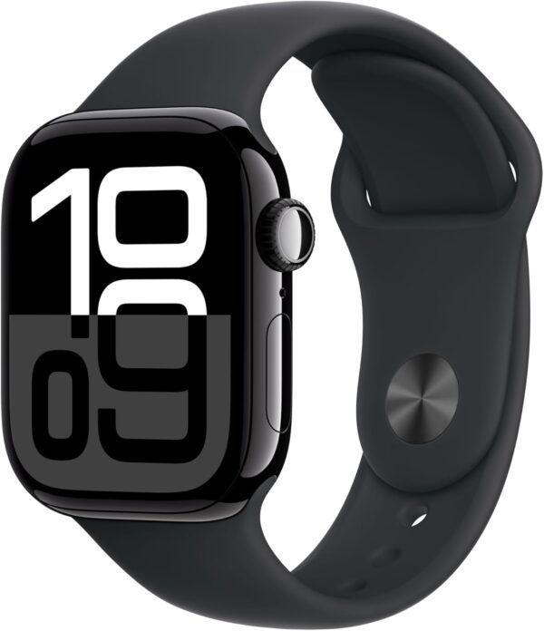 Apple Watch Series 10 (GPS + Cellular 42 mm) Smartwatch mit Aluminiumgehäuse in Diamantschwarz und Sportarmband in Schwarz (M/L).